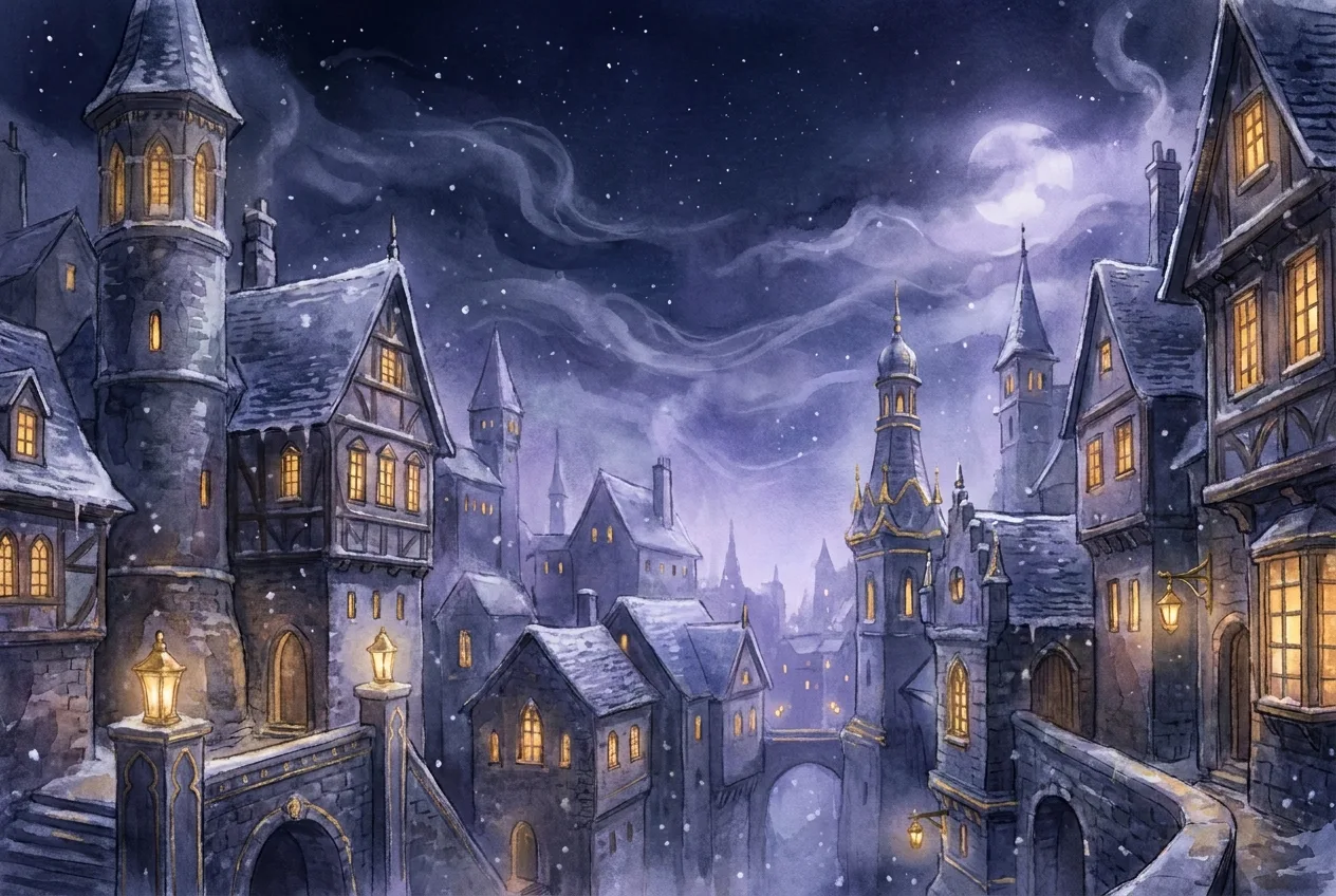 Artistic interpretation of Rosefall City at night: frosted rooftops and glowing windows in a cold, snowy city