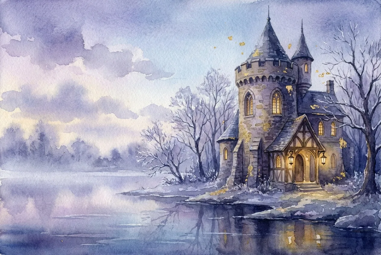 Artistic interpretation of Lakeside School: an old stone school beside a calm, frozen lake at dusk