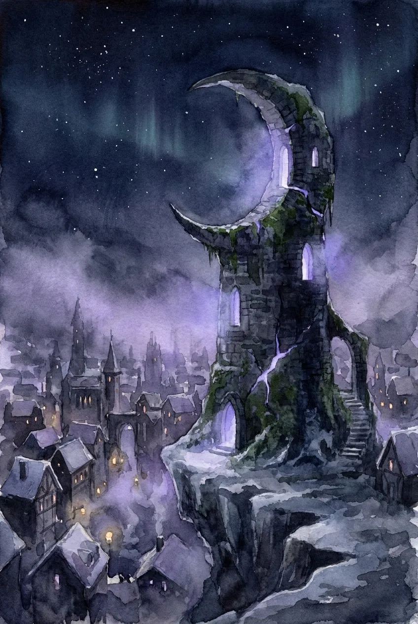 Artistic interpretation of Moonspire Tower: a tall, ancient crescent-shaped tower glowing violet at night