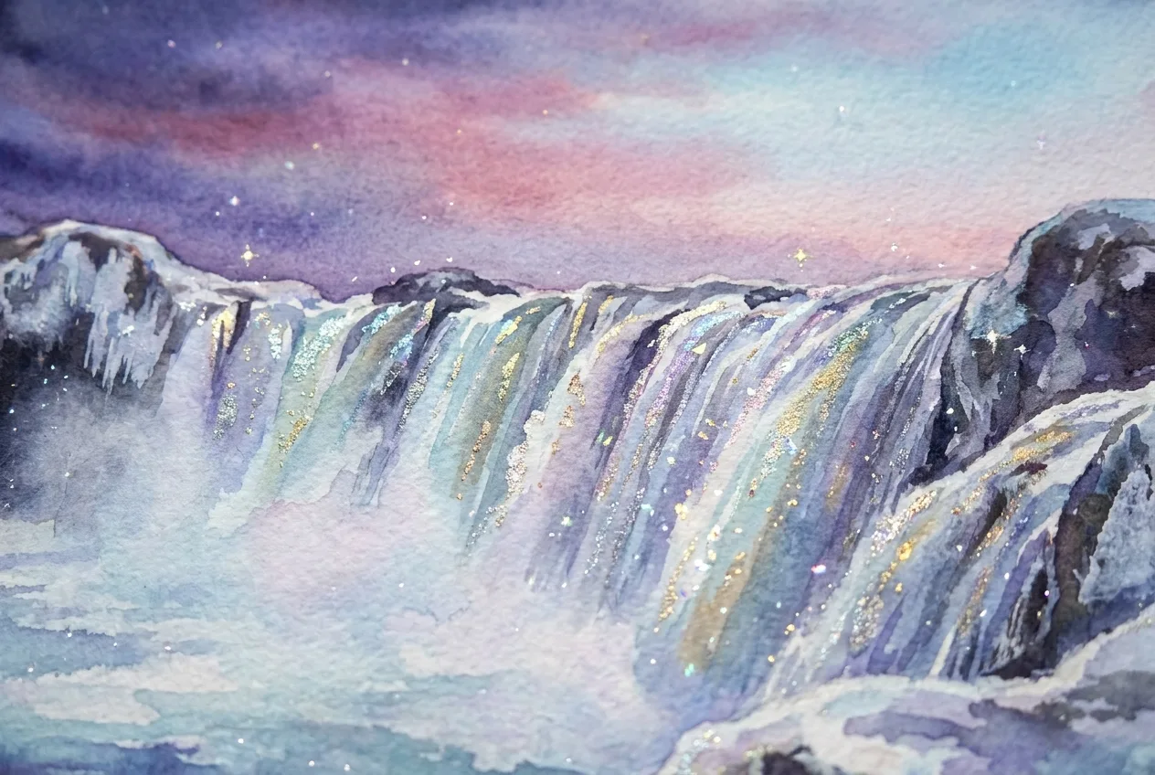 Artistic interpretation of Glimmer Falls: a shimmering waterfall surrounded by frosty rocks at twilight