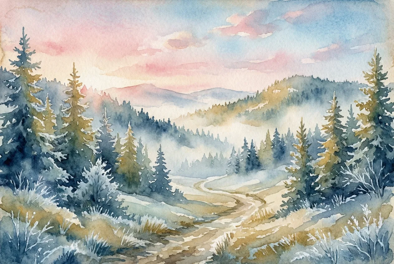 Artistic interpretation of Rosefall National Park: frosted pine forests and rolling hills at dawn