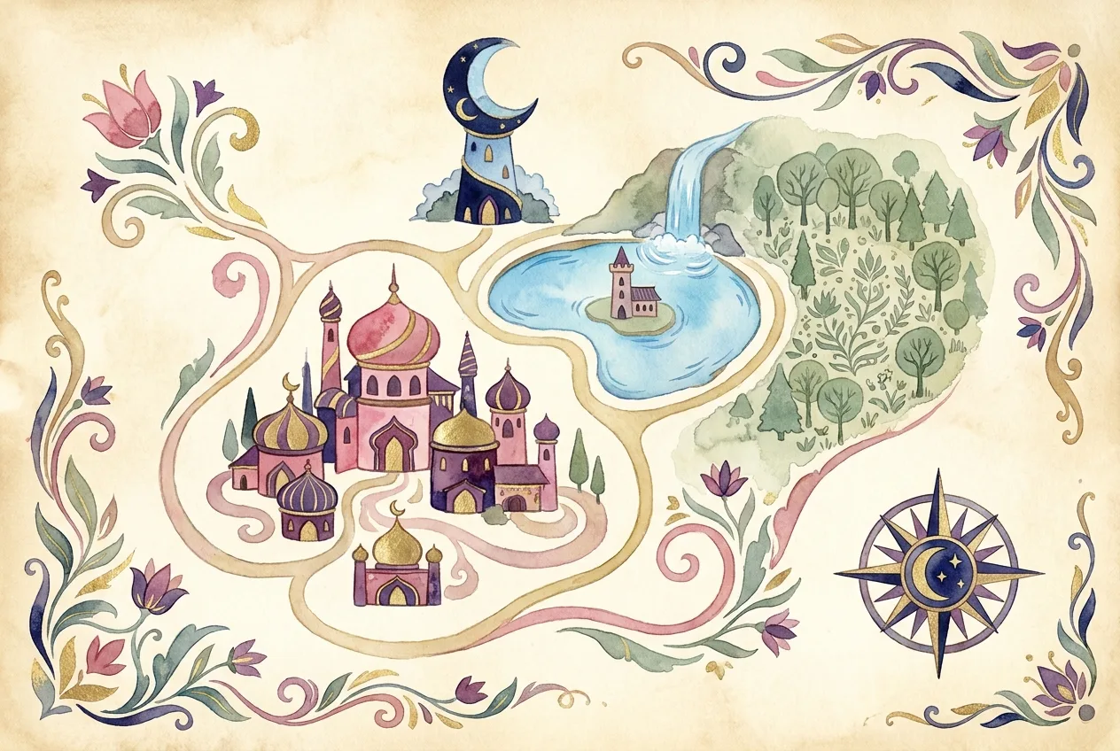 Decorative storybook-style illustrated map of Rosefall — an artistic interpretation, not official geography