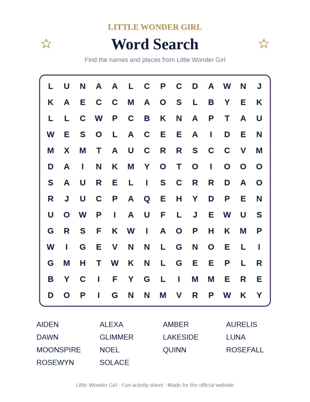 Preview of the Little Wonder Girl Word Search printable